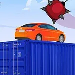 オレンジ色の車が青いコンテナの上に置かれ、上空にとげのある赤い鉄球が浮かんでいるイメージ。