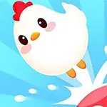 青空を背景にふっくらした白いニワトリが飛び跳ねるイラスト。