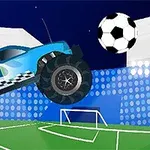 青いモンスタートラックがサッカーボールに向かってジャンプしているシーン。
