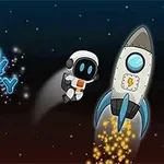 宇宙飛行士のキャラクターとロケットが星空を背景に浮かんでいるイラスト。
