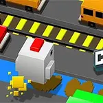 白い立方体のニワトリが道路を横断し、黄色い車と黄色いラインが見える道路を背景にしたイラスト。
