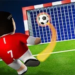 サッカー選手のキャラクターがゴールに向かってカーブしたシュートを放つシーン。
