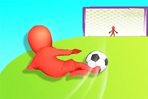 赤いキャラクターがサッカーボールをけるシーンで、背景にゴールがある。
