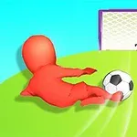 赤いキャラクターがサッカーボールをけるシーンで、背景にゴールがある。