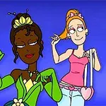 二人のアニメキャラクターが、1人は緑のドレスとティアラを着て、もう1人はピンクのトップスとハートのバッグを持っている。