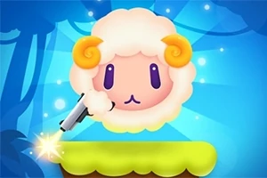 青い背景に浮かぶ、黄色い角を持ったかわいいひつじのキャラクターが、緑のプラットフォームの上に立っている。