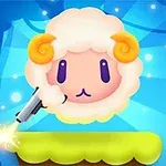 青い背景に浮かぶ、黄色い角を持ったかわいいひつじのキャラクターが、緑のプラットフォームの上に立っている。
