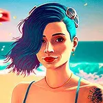 青い髪の女性がビーチで微笑んでいるイラスト。