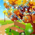 秋の公園にある木とベンチが描かれている、色とりどりの葉と輝く光が特徴的なイラスト。