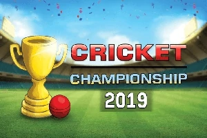 トロフィーとクリケットボールがスタジアムのフィールドにある「クリケットチャンピオンシップ2019」のテキスト。