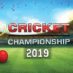 トロフィーとクリケットボールがスタジアムのフィールドにある「クリケットチャンピオンシップ2019」のテキスト。