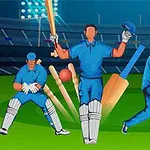 青いユニフォームを着た3人のクリケット選手がスタジアムのフィールドでプレーしている。