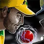 2人のクリケット選手が赤いボールを挟んで向き合っているイラスト。
