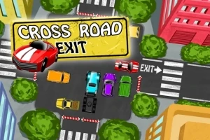 交差点にカラフルな車が並び、「CROSS ROAD EXIT」の標識があるシティー景観。