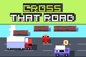 道路を渡ろうとする赤いキャラクターと走る車が描かれたピクセルスタイルのイラスト。