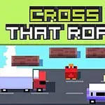 道路を渡ろうとする赤いキャラクターと走る車が描かれたピクセルスタイルのイラスト。