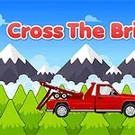 赤いレッカー車が、背景に雪山と木々のある景色の前に描かれている。