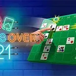 青いレンガの壁に、光るカードと「CROSS OVER 21」というネオン文字があり、緑のボード上で指がカードを指している。