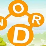 オレンジ色の円で構成された文字「WORD」と、背景に山や木が描かれているイラスト。