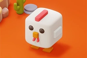 ブロック状のニワトリのキャラクターがオレンジ色の背景に立っている。