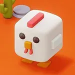 ブロック状のニワトリのキャラクターがオレンジ色の背景に立っている。