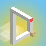 青と黄色の背景に白い三角形の3D構造と箱のキャラクター。