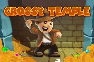 冒険家のキャラクターが帽子をかぶり、地下の寺院で宝を探しているイラスト。