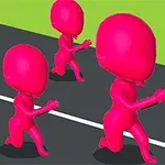 ピンク色の3体のキャラクターが道路を走っている。