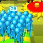 青いスティックフィギュアのグループが「25」と表示されたタグを持って進んでいる場面。