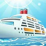 白い客船が海を航行しており、上空には青空と太陽が輝いている。
