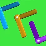 カラフルな青、オレンジ、紫のL字型オブジェクトが緑の背景に配置されている。