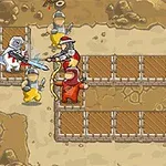 砂地の背景に、剣を持つ騎士と弓矢を持つ戦士が描かれたイラスト。
