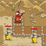 赤いフードの弓使いが高台に立ち、武器を持った二人の戦士が地面で移動している砂漠のシーン。