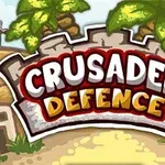 城壁の前に「CRUSADER DEFENCE」と書かれたロゴと、背景にヤシの木と建物。