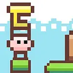 緑の草の上でドット絵風のキャラクターと家のようなオブジェクトが描かれている。