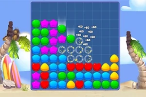 色とりどりの形がマス目に配置されたパズルボードと、背景にヤシの木と砂浜の風景。