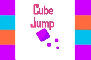 白い背景に、ピンク色の「Cube Jump」の文字と、中央に紫色のキューブが配置されており、両側に紫・青・オレンジのカラフルなパネルがある画像。