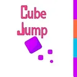白い背景に、ピンク色の「Cube Jump」の文字と、中央に紫色のキューブが配置されており、両側に紫・青・オレンジのカラフルなパネルがある画像。