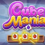 紫色と黄色の「Cube Mania」というタイトルの下に、3つのリンゴのアイコンが並んでいる画像。