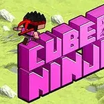 ピンク色の立体文字「CUBE NINJA」と黒装束のキャラクターが草地の背景に描かれている。