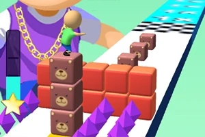 紫のシャツを着たキャラクターがテディベア模様のブロックを積み重ね、チェックされたゴールラインを目指して進んでいる。