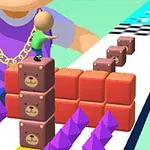 紫のシャツを着たキャラクターがテディベア模様のブロックを積み重ね、チェックされたゴールラインを目指して進んでいる。