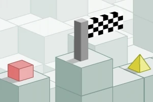 赤い立方体と黄色いピラミッドが緑の立方体の上に並び、チェック柄の旗が背景にあるシンプルな風景。