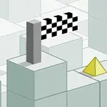 赤い立方体と黄色いピラミッドが緑の立方体の上に並び、チェック柄の旗が背景にあるシンプルな風景。