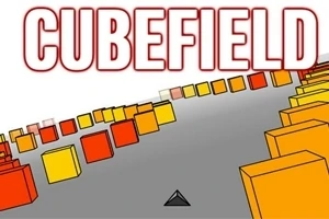 色とりどりの立方体が曲がった道に並び、「CUBEFIELD」という文字が上部に表示されています。