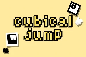 クリーム色の背景にピクセルスタイルの「cubical jump」の文字と白黒の顔が描かれた四角いキャラクター。
