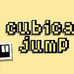 クリーム色の背景にピクセルスタイルの「cubical jump」の文字と白黒の顔が描かれた四角いキャラクター。