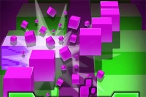 紫色の立方体が緑色の背景で爆発し飛び散っている様子。