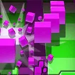 紫色の立方体が緑色の背景で爆発し飛び散っている様子。