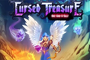 翼を持つキャラクターがアーチェリーを構え、周囲に炎と光る宝石が浮かんでいるファンタジー風イラスト。